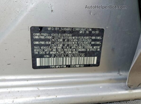 JF2GTACC2M9280296 2021 SUBARU CROSSTREK Silver 