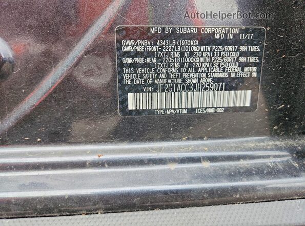JF2GTACC3JH259071 2018 SUBARU CROSSTREK Угольный Вид наклейки с VIN-кодом
