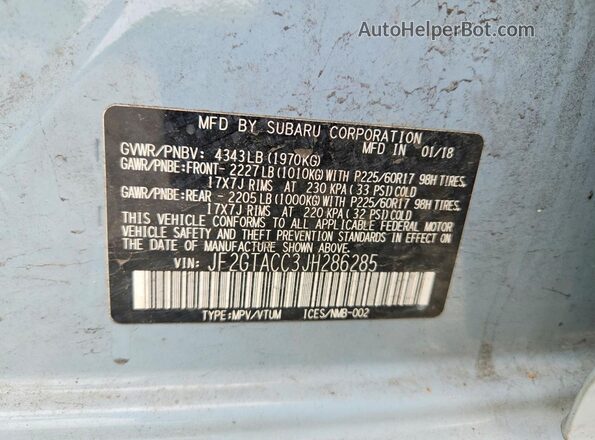 JF2GTACC3JH286285 2018 SUBARU CROSSTREK Blue Вид підкапотного простору