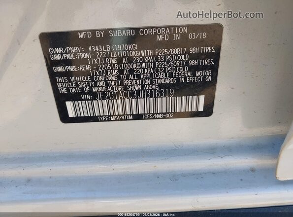 JF2GTACC3JH316319 2018 SUBARU CROSSTREK White Widok komory silnika