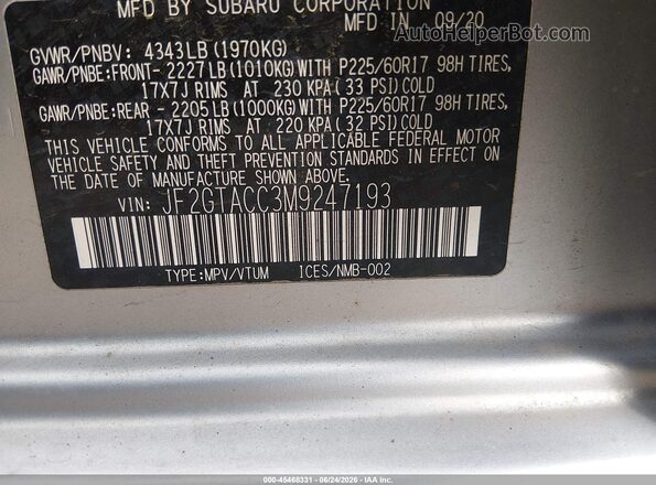 JF2GTACC3M9247193 2021 SUBARU CROSSTREK Silver Engine compartment view