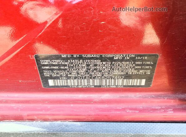 JF2GTACC4K8257492 2019 SUBARU CROSSTREK Burgundy 