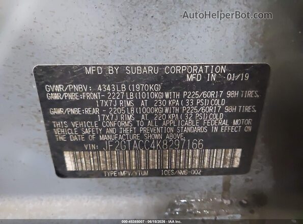 JF2GTACC4K8297166 2019 SUBARU CROSSTREK Gray Вид підкапотного простору