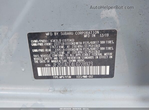 JF2GTACC4LG228923 2020 SUBARU CROSSTREK Синий Вид подкапотного пространства