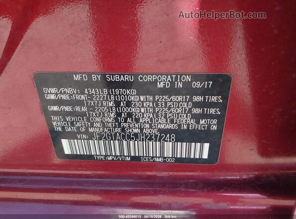 JF2GTACC5JH237248 2018 SUBARU CROSSTREK Red Շարժիչի բաժամունքի տեսք