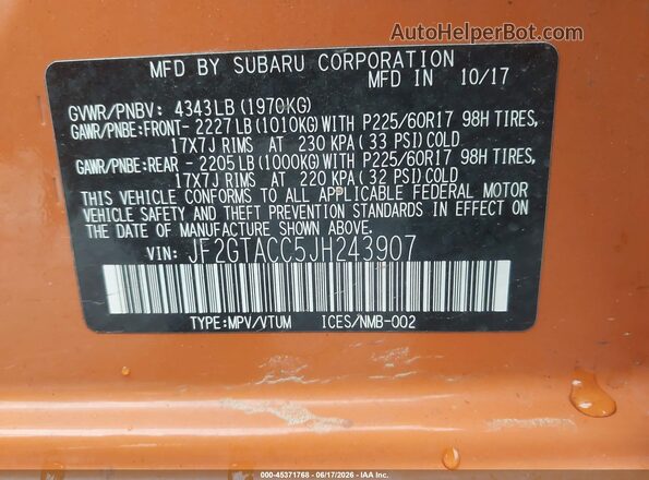 JF2GTACC5JH243907 2018 SUBARU CROSSTREK Оранжевый Вид подкапотного пространства