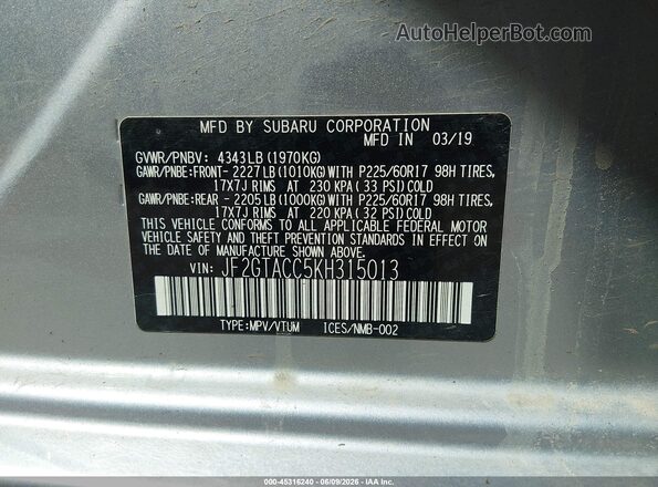 JF2GTACC5KH315013 2019 SUBARU CROSSTREK Silver Widok komory silnika