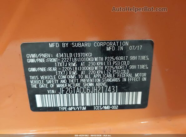 JF2GTACC6JH217431 2018 SUBARU CROSSTREK Оранжевый Вид подкапотного пространства