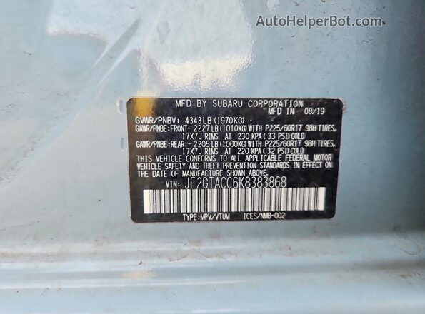 JF2GTACC6K8383868 2019 SUBARU CROSSTREK Blue VIN კოდის სტიკერის ხედი