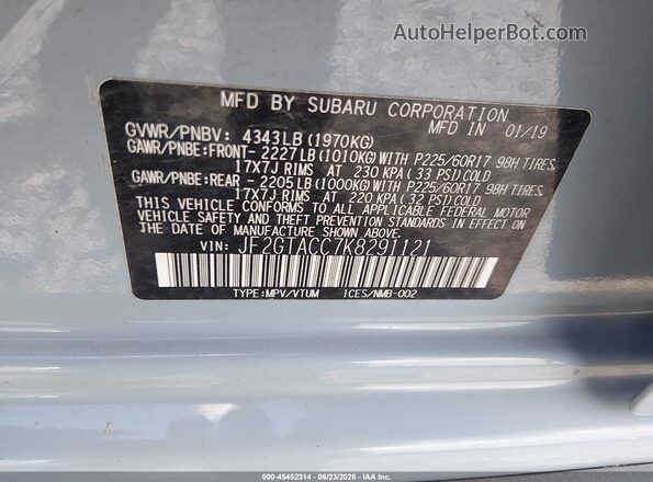 JF2GTACC7K8291121 2019 SUBARU CROSSTREK Light Blue Widok komory silnika