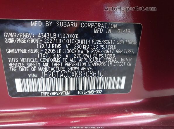 JF2GTACCXK8308610 2019 SUBARU CROSSTREK Red Widok komory silnika