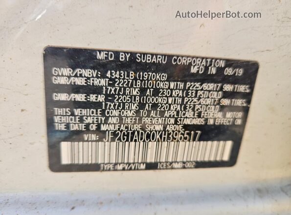 JF2GTADC0KH396517 2019 SUBARU CROSSTREK White Սալոնի 360 աստիճան տեսք