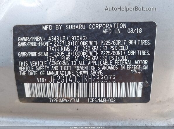 JF2GTADC1KH233973 2019 SUBARU CROSSTREK Серебряный Вид подкапотного пространства