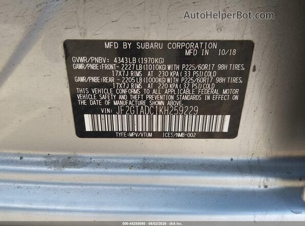 JF2GTADC1KH259229 2019 SUBARU CROSSTREK Серебряный Вид подкапотного пространства