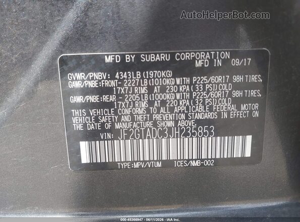 JF2GTADC3JH235853 2018 SUBARU CROSSTREK Gray ძრავის განყოფილების ხედი