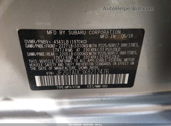 JF2GTADC3K8212476 2019 SUBARU CROSSTREK Silver Vista del compartimento del motor