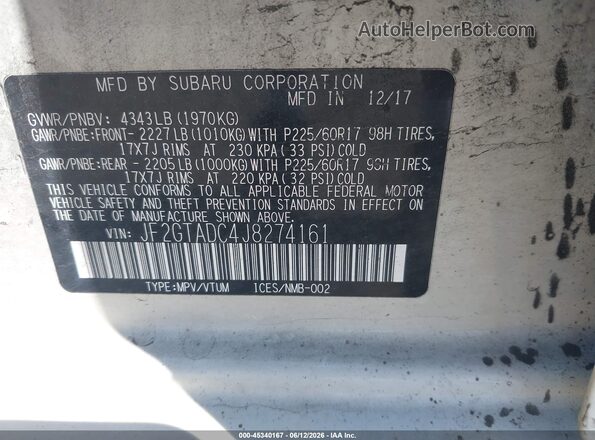 JF2GTADC4J8274161 2018 SUBARU CROSSTREK White Engine compartment view