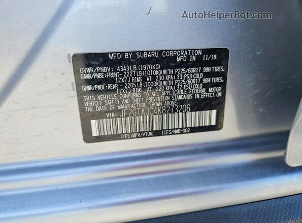 JF2GTADC4K8273206 2019 SUBARU CROSSTREK Silver 