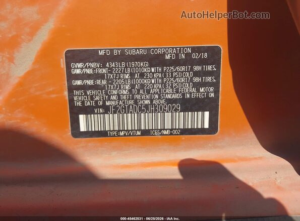 JF2GTADC5JH309029 2018 SUBARU CROSSTREK Оранжевый Вид подкапотного пространства