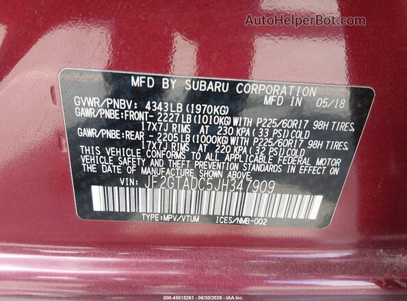 JF2GTADC5JH347909 2018 SUBARU CROSSTREK Burgundy Widok komory silnika