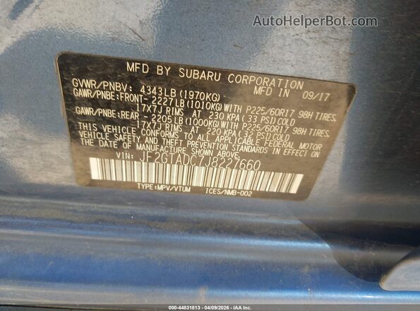 JF2GTADC7J8227660 2018 SUBARU CROSSTREK Blue Շարժիչի բաժամունքի տեսք
