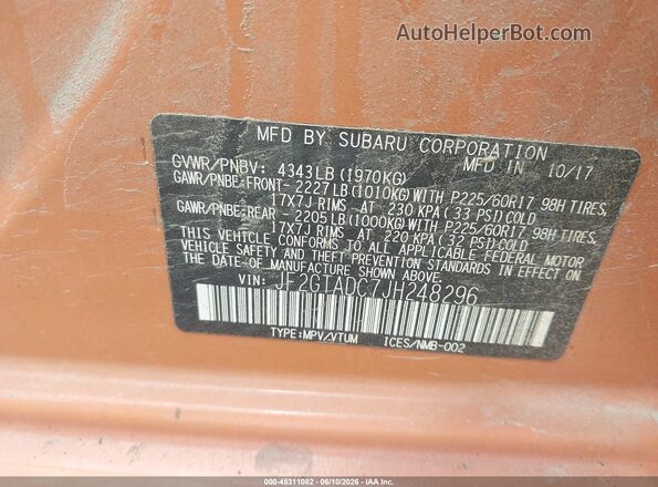 JF2GTADC7JH248296 2018 SUBARU CROSSTREK Orange Engine compartment view