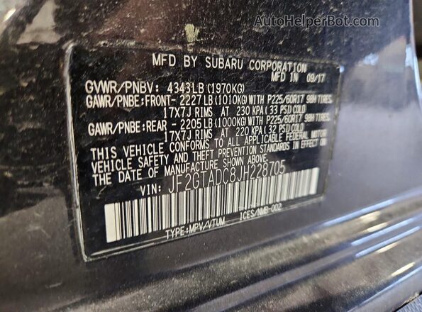 JF2GTADC8JH228705 2018 SUBARU CROSSTREK Gray Widok naklejki z numerem VIN