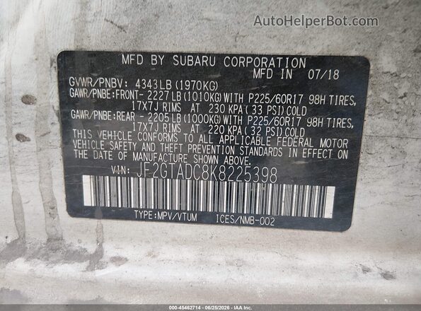 JF2GTADC8K8225398 2019 SUBARU CROSSTREK White Widok komory silnika