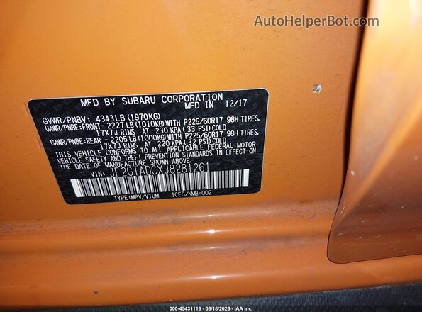 JF2GTADCXJ8281261 2018 SUBARU CROSSTREK Оранжевый Вид подкапотного пространства