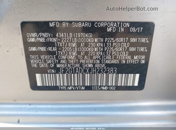 JF2GTADCXJH232383 2018 SUBARU CROSSTREK Gray Вид підкапотного простору