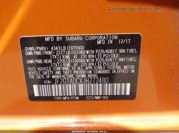 JF2GTADCXJH272480 2018 SUBARU CROSSTREK Orange 