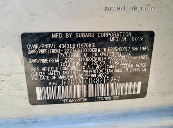 JF2GTAEC0K8216287 2019 SUBARU CROSSTREK White Vista del compartimento del motor