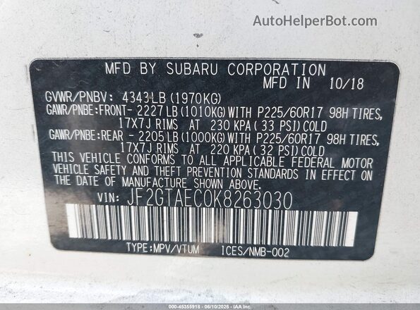 JF2GTAEC0K8263030 2019 SUBARU CROSSTREK Белый Вид подкапотного пространства