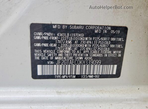 JF2GTAEC0KH339099 2019 SUBARU CROSSTREK Белый 