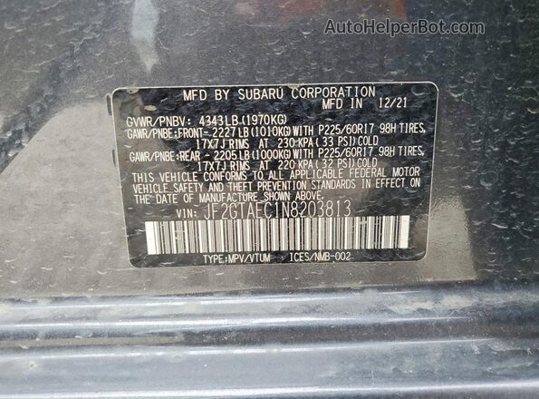 JF2GTAEC1N8203813 2022 SUBARU CROSSTREK Gray 