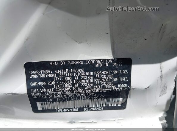 JF2GTAEC1NH269438 2022 SUBARU CROSSTREK White Vista del compartimento del motor
