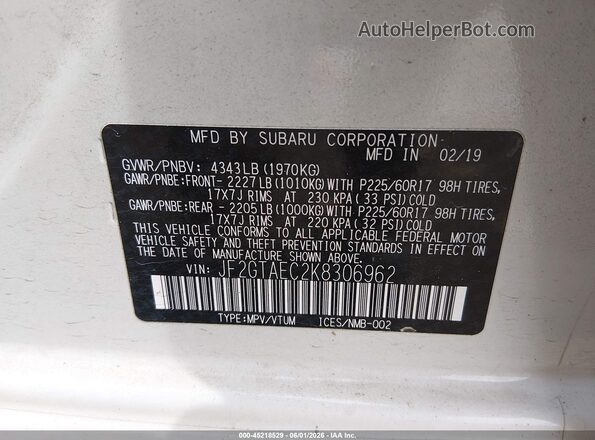 JF2GTAEC2K8306962 2019 SUBARU CROSSTREK White Вид підкапотного простору