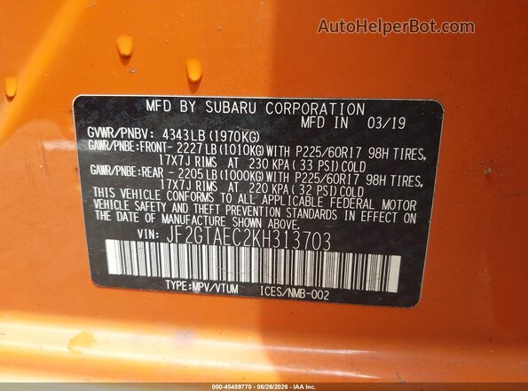 JF2GTAEC2KH313703 2019 SUBARU CROSSTREK Orange Вид підкапотного простору