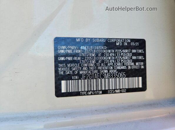 JF2GTAEC3M8335065 2021 SUBARU CROSSTREK White 