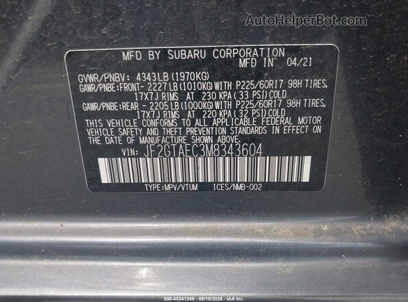 JF2GTAEC3M8343604 2021 SUBARU CROSSTREK Gray Շարժիչի բաժամունքի տեսք