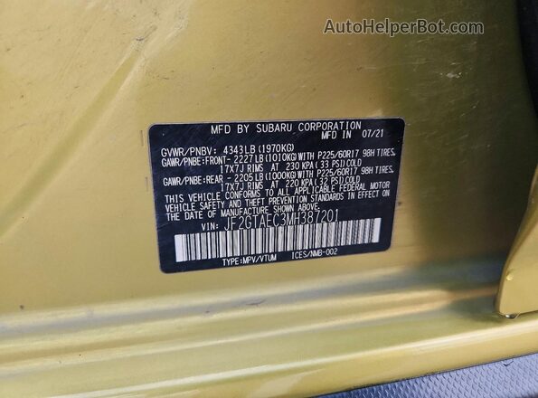 JF2GTAEC3MH387201 2021 SUBARU CROSSTREK Yellow 