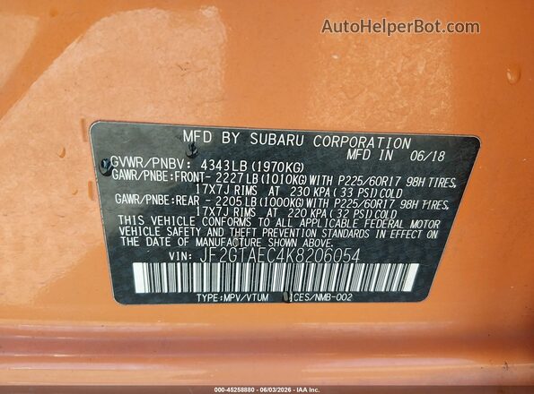 JF2GTAEC4K8206054 2019 SUBARU CROSSTREK Orange Շարժիչի բաժամունքի տեսք