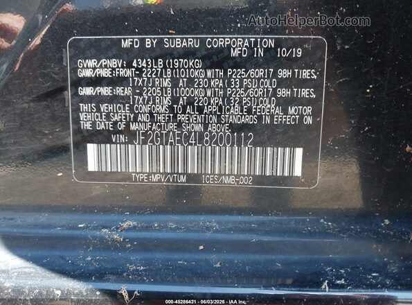 JF2GTAEC4L8200112 2020 SUBARU CROSSTREK Black Вид підкапотного простору