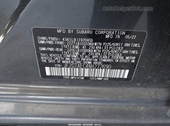 JF2GTAEC4NH272690 2022 SUBARU CROSSTREK Gray Vista del compartimento del motor