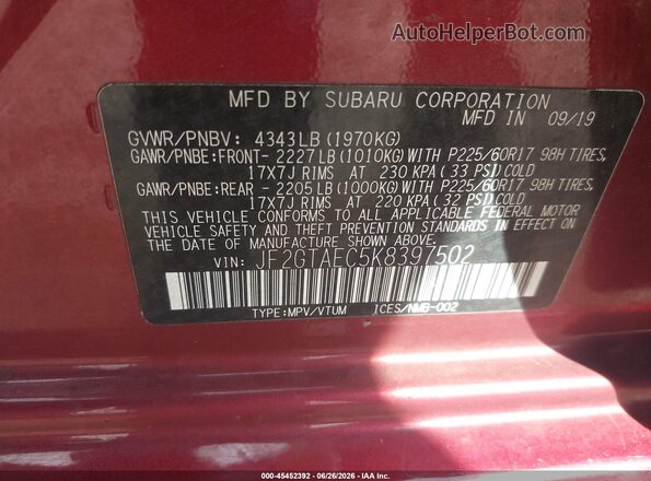 JF2GTAEC5K8397502 2019 SUBARU CROSSTREK Бордовый Вид подкапотного пространства