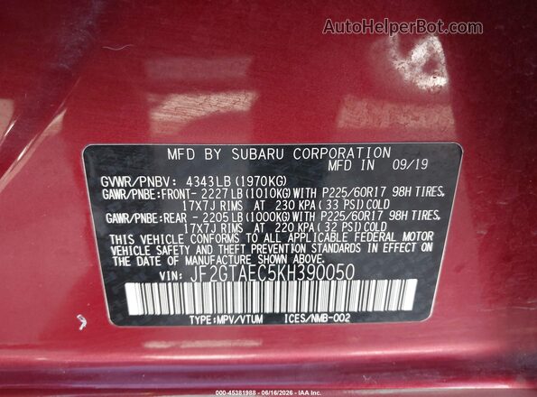 JF2GTAEC5KH390050 2019 SUBARU CROSSTREK Красный Вид подкапотного пространства