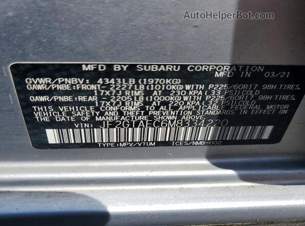 JF2GTAEC6M8334220 2021 SUBARU CROSSTREK Silver VIN კოდის სტიკერის ხედი