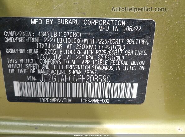 JF2GTAEC6PH208590 2023 SUBARU CROSSTREK Green Widok komory silnika