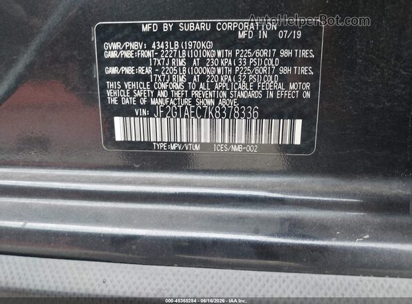JF2GTAEC7K8378336 2019 SUBARU CROSSTREK Gray ძრავის განყოფილების ხედი