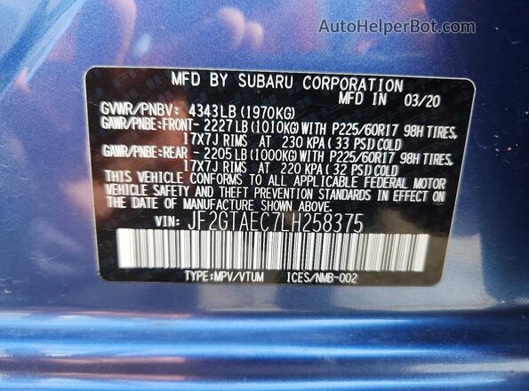 JF2GTAEC7LH258375 2020 SUBARU CROSSTREK Blue VIN კოდის სტიკერის ხედი